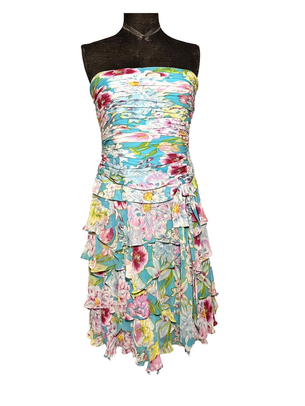 KAY UNGER NY Teal Pink Floral Silk Chiffon Ruffled Cocktail Fairy Party Dress 4